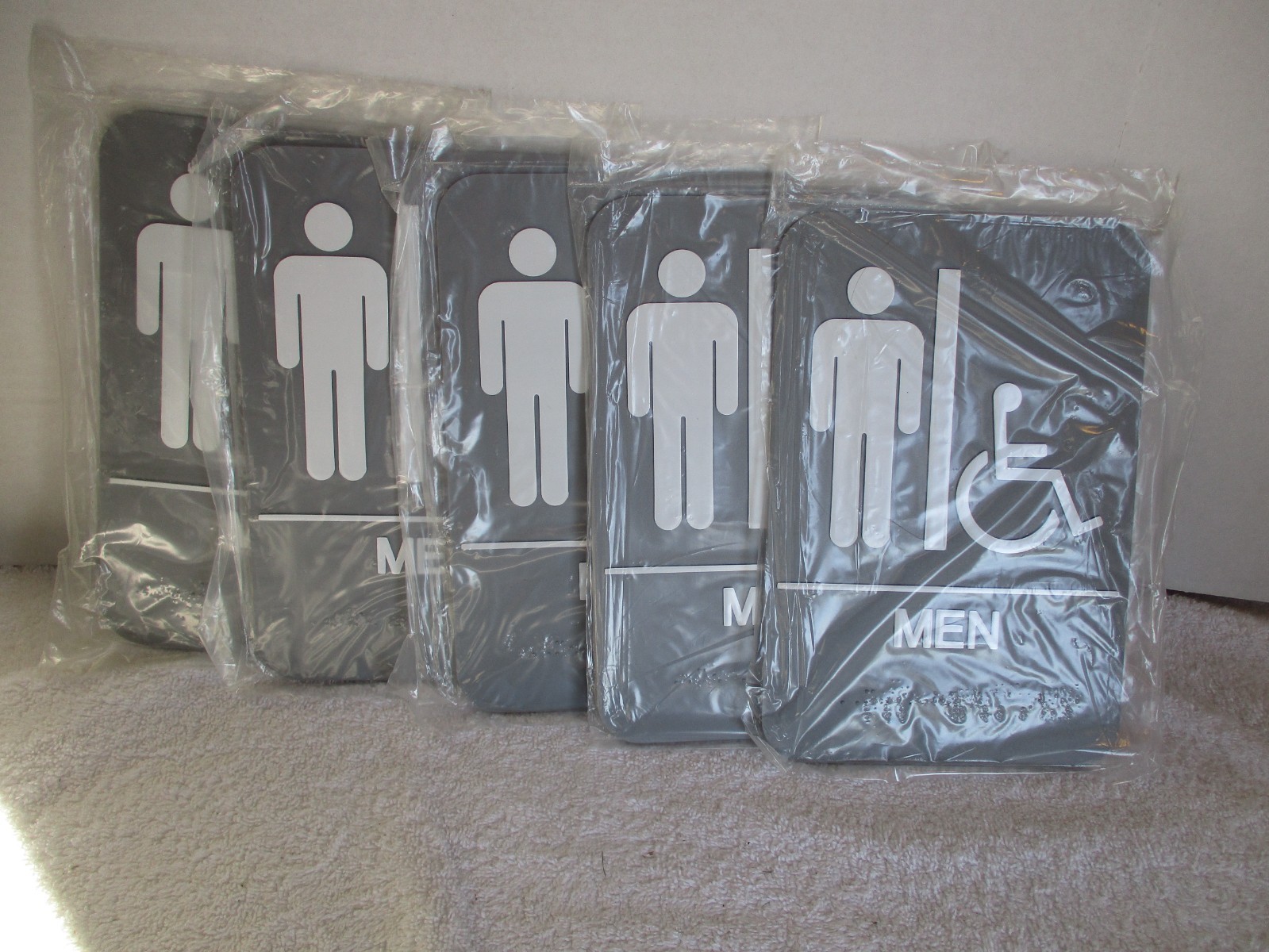 LOT OF 5 BATHROOM SIGNS ADA BRAILLE ADHESIVE GRAY MEN RESTROOM