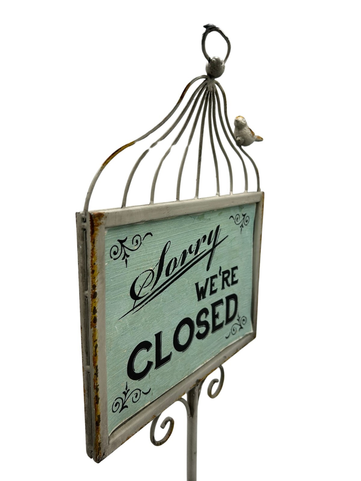 Open Closed Vintage Tabletop Heavy Metal Sign w Bird Cage Topped Retail Boutique