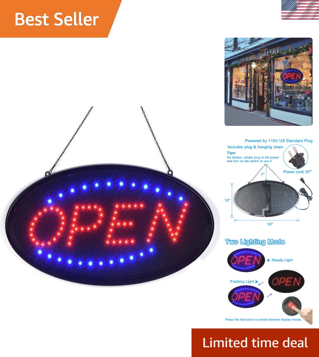 LED Open Sign 19&Prime;x10&Prime; – Eye-Catching Flashing Business Display for Wall Mount