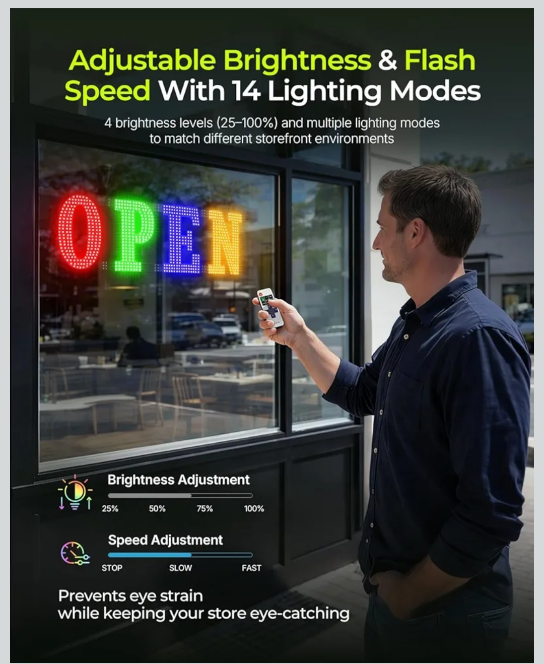 Multi-Color OPEN Sign, 40&Prime; x 14&Prime;, Adjustable Brightness & Flash Speed, Remote