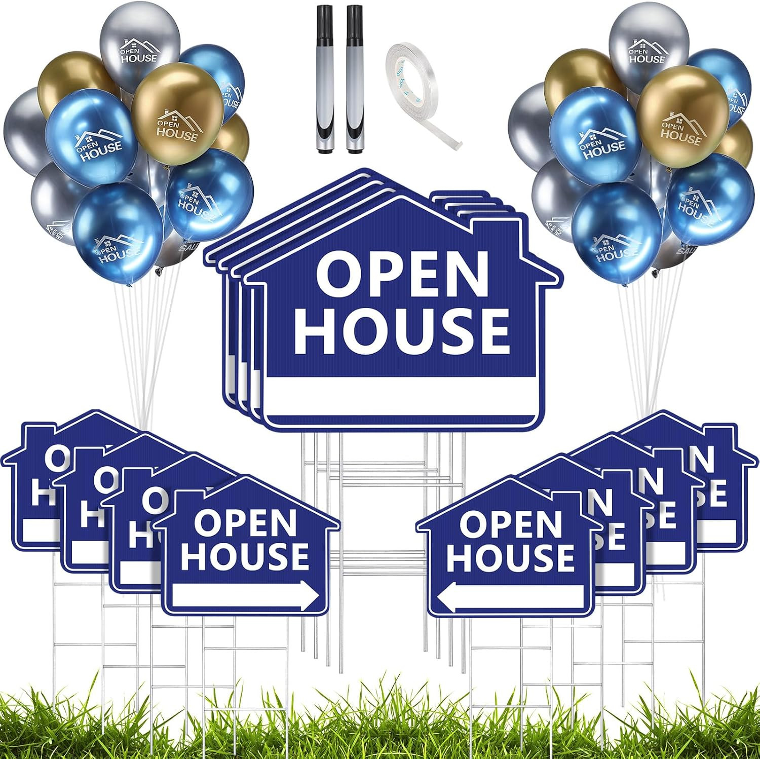 63 Pcs Open House Signs with Stakes & Balloons – Double Sided Yard Signs