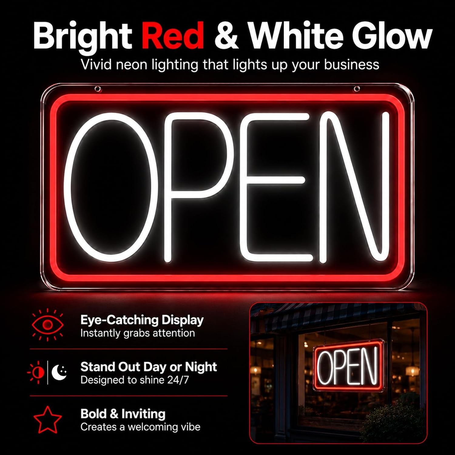 Open Sign Neon Light 17&Prime; X 9.3&Prime; LED Open Sign for Business Window Red + White