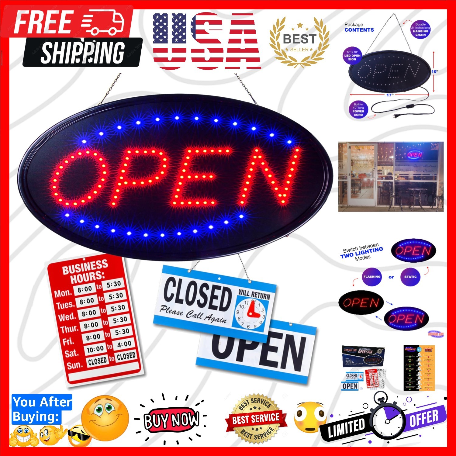 Neon Open Sign for Business: Oval LED Sign with Flashing Mode for Stores – In…