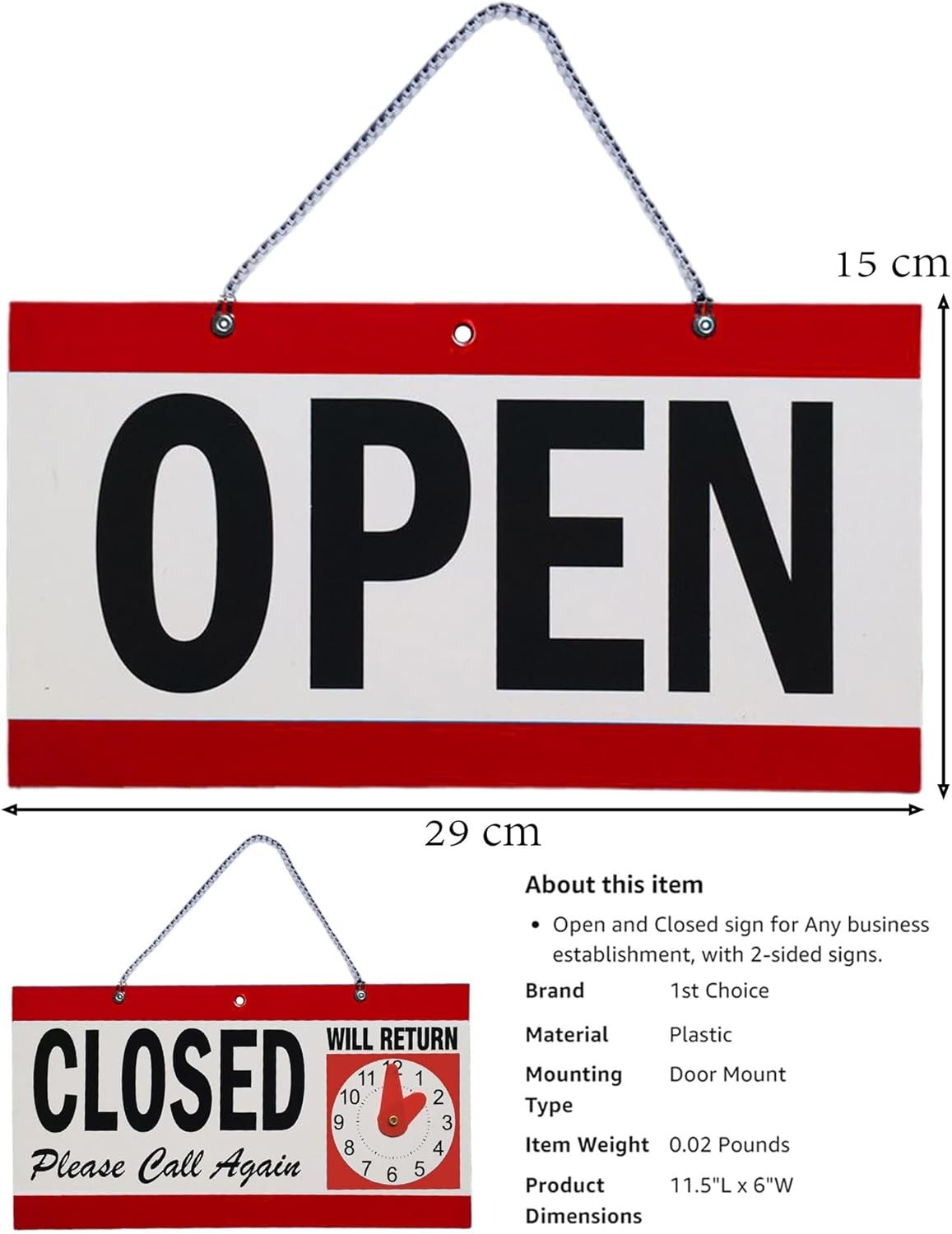 Durable Portrait Open Closed Sign with &lsquo;Will Return&rsquo; Clock for Quick Viewing