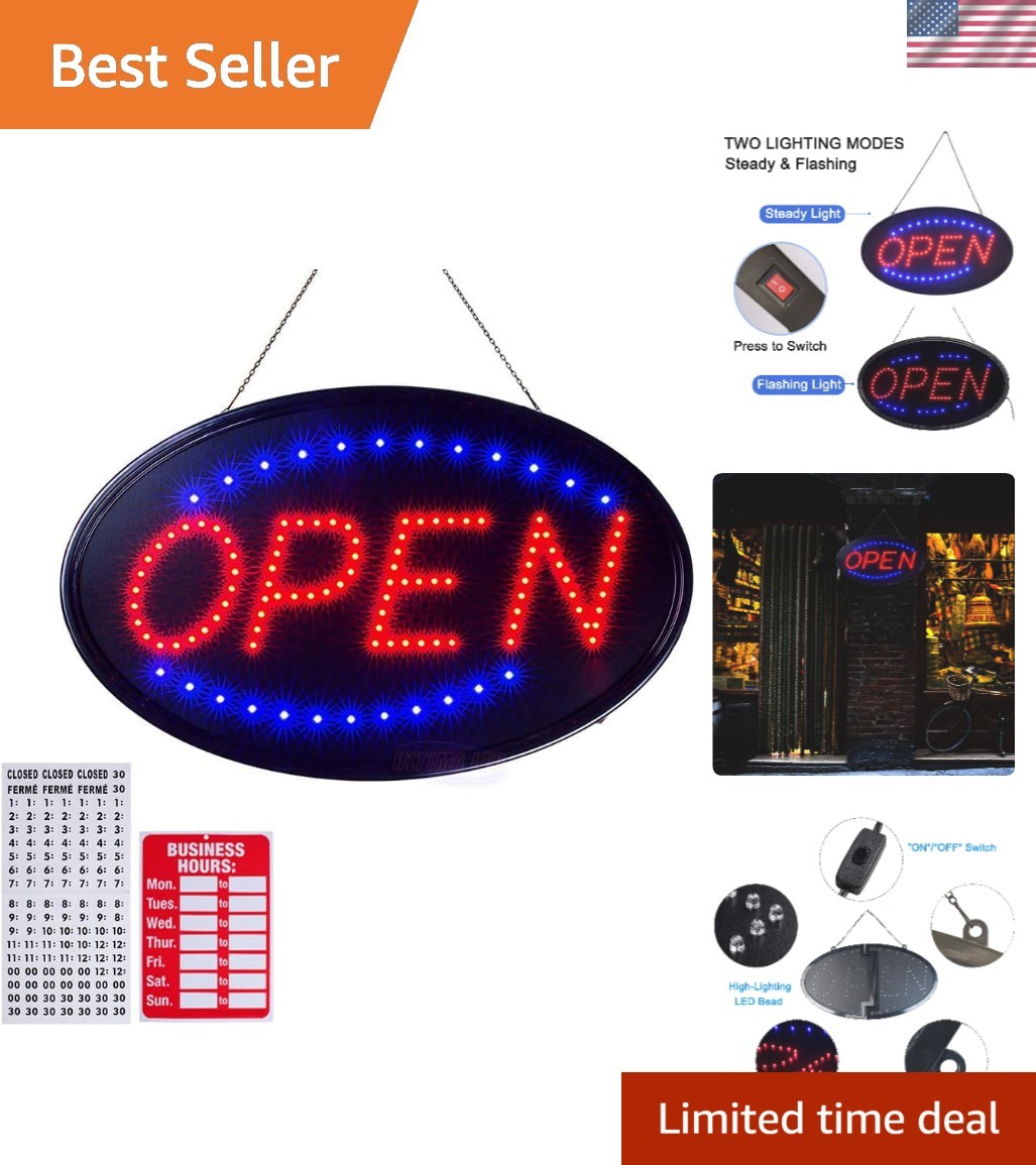 Wall-Mounted 19&Prime;x10&Prime; LED Open Sign with Stainless Steel Chain for Easy Setup