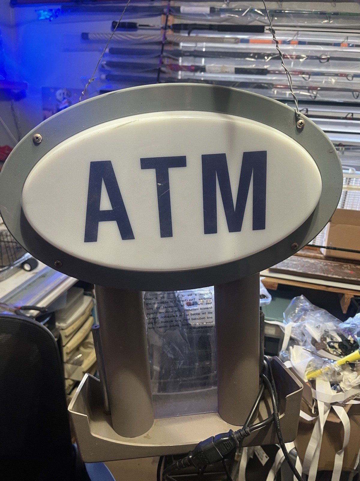 ATM Illuminated Electric Hanging Plastic Sign 15&Prime; x 19&Prime; White Gray Blue Frame