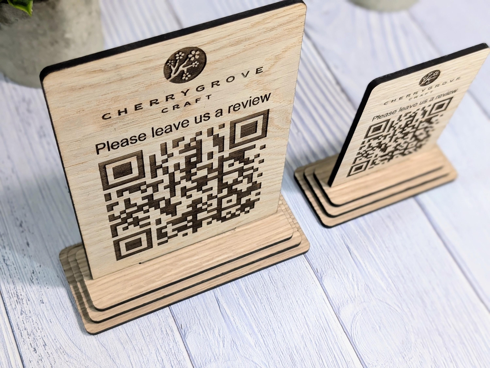 QR Code &lsquo;Leave us a review&rsquo; Custom Wooden Table Signs, Personalised Logo & Link