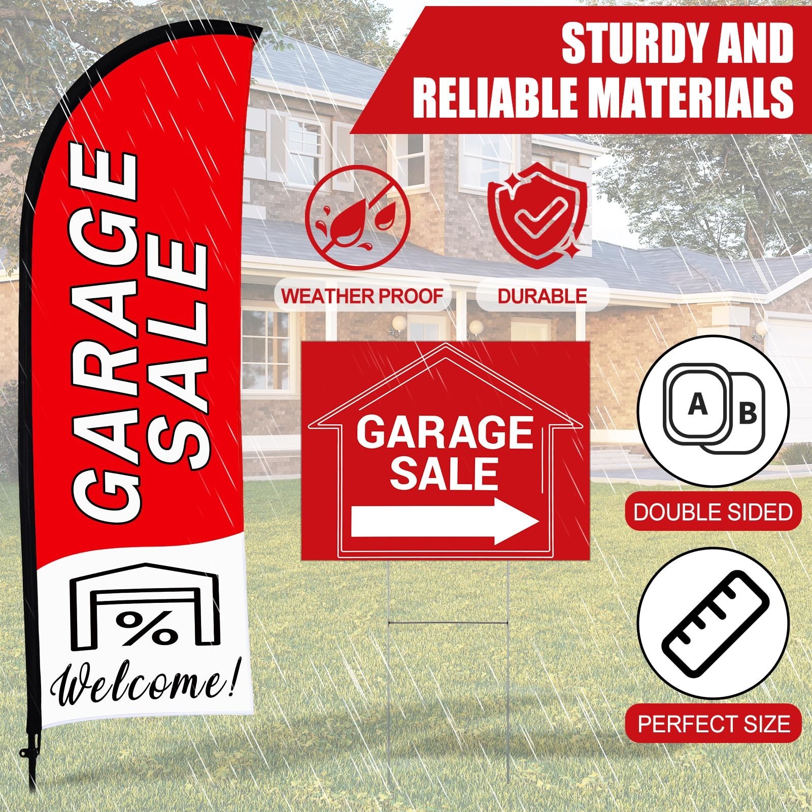 Garage Sale Signs Set with Flag & Poles, 3 Double-Sided Directional Arrows, 150