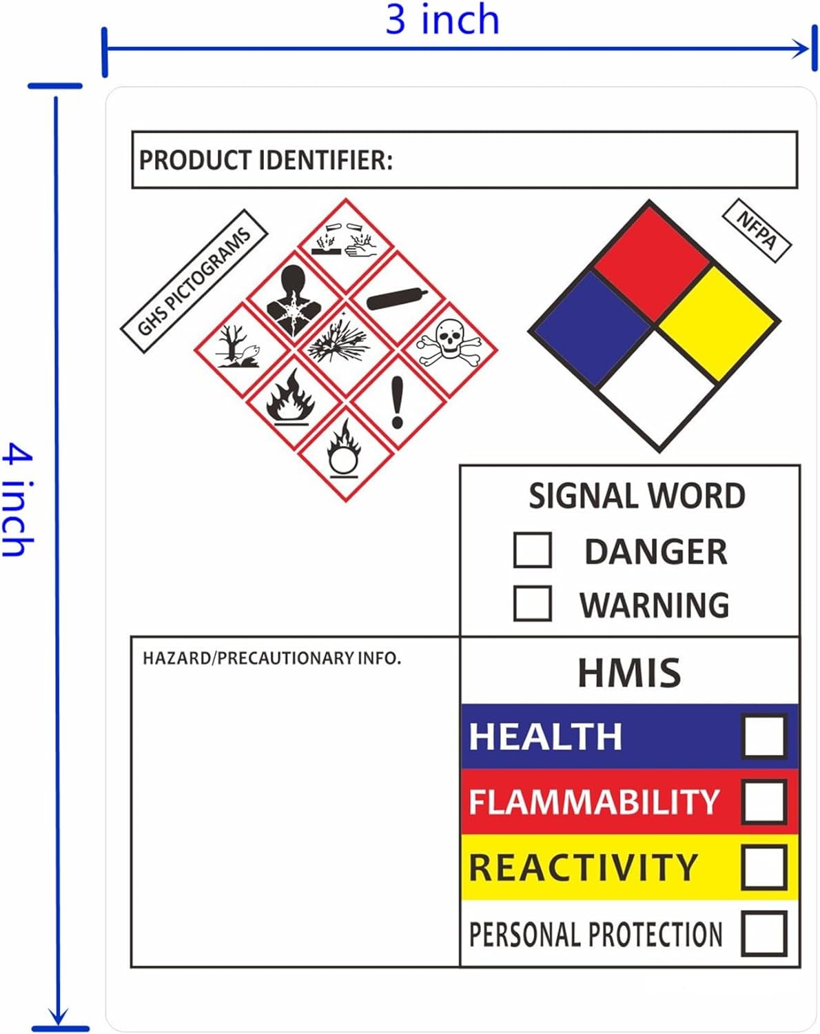 Hybsk SDS OSHA Chemical Safety Labels 4×3 GHS NFPA HMIS 100pcs