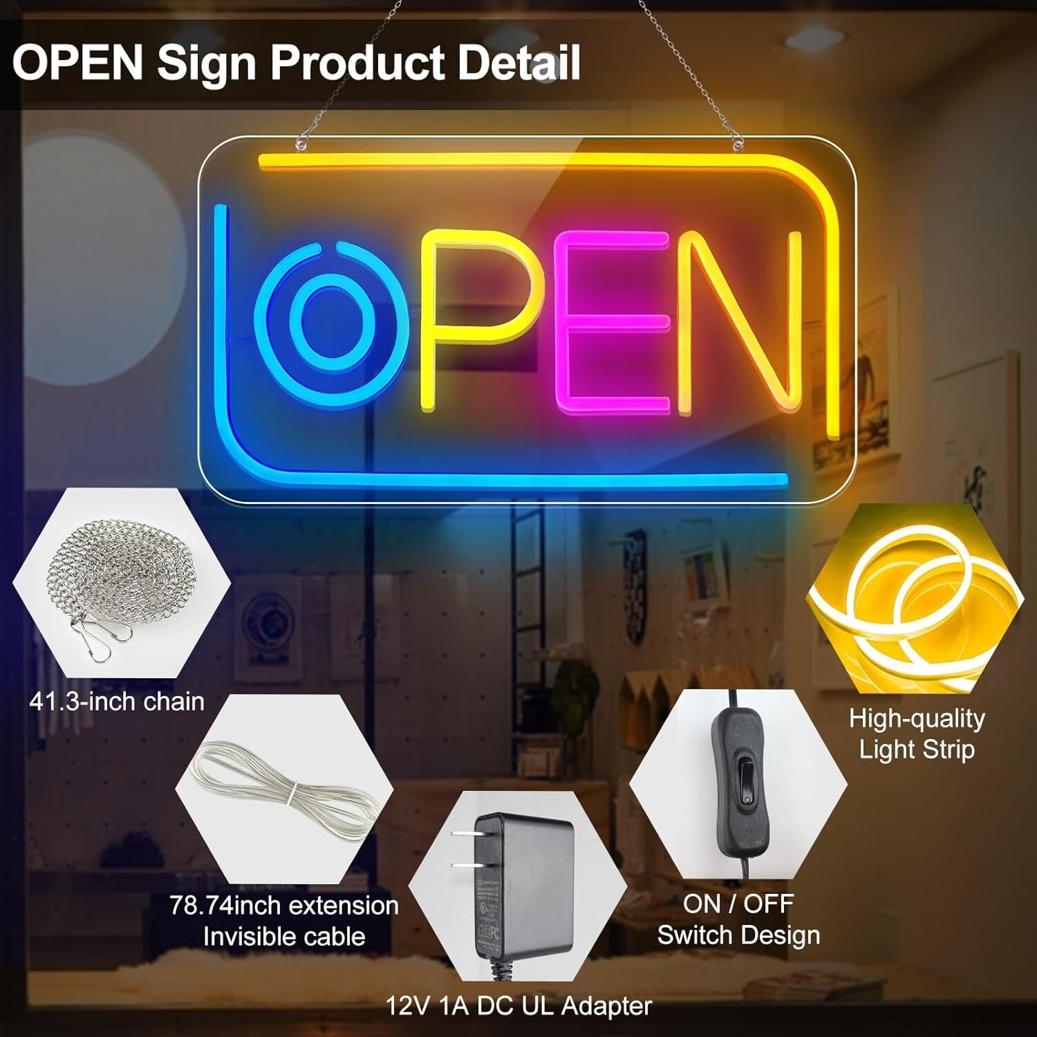 Colorful LED Neon Open Sign, 16.5&Prime;X 9&Prime; Super Bright Open Signs for Business, wit