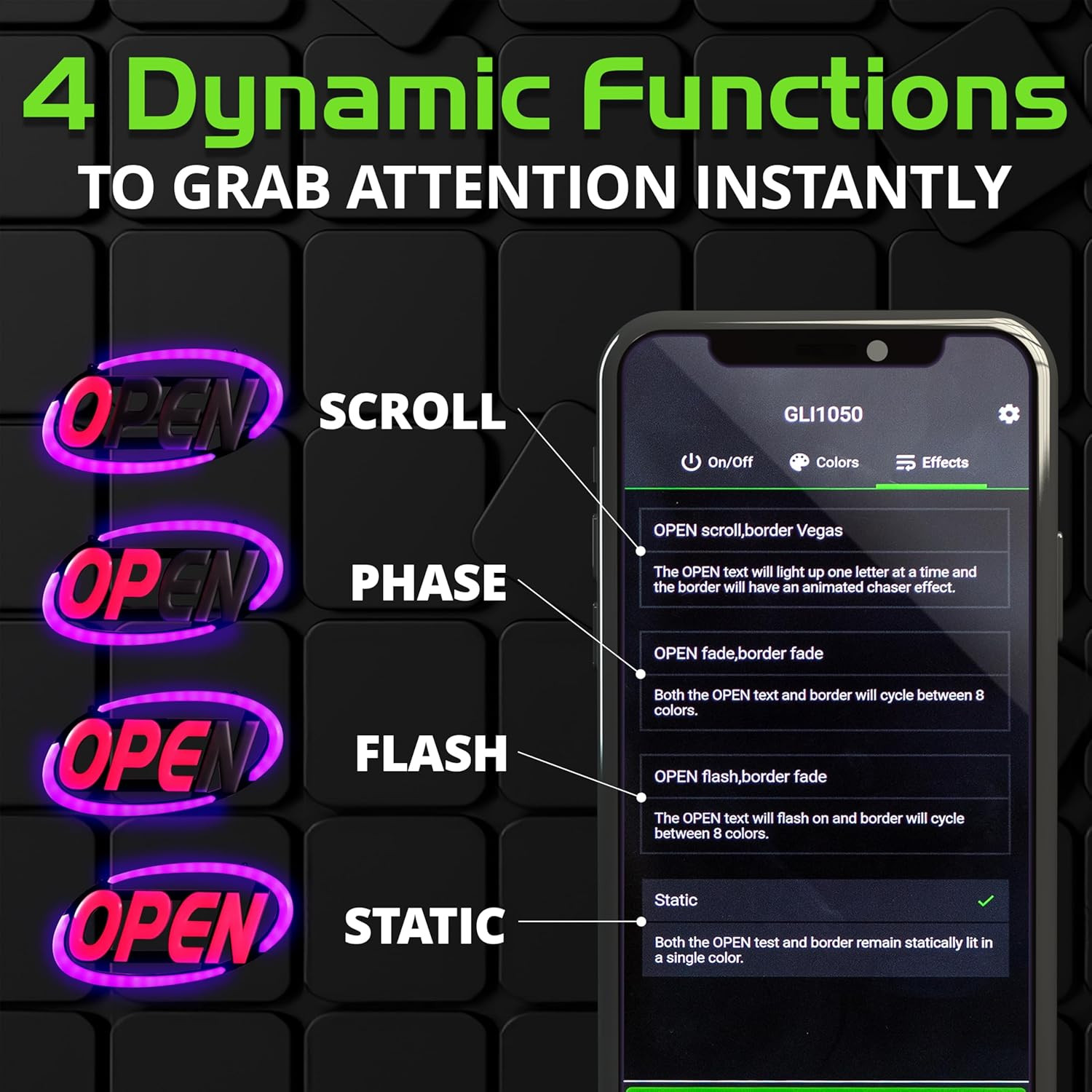 Super‑Bright LED Open Sign 15×32 in – Programmable with 64 Color Combos via App