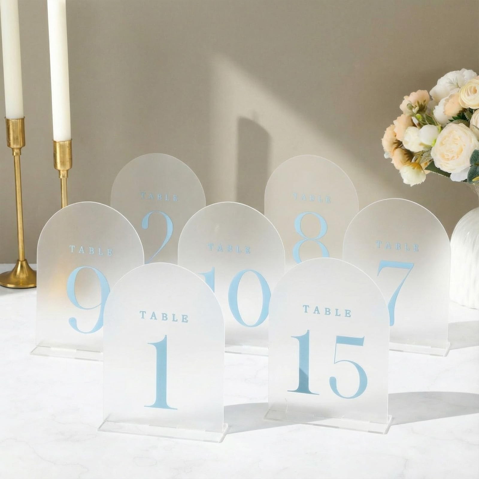 BrightRow 15 Pcs Frosted Arch Wedding Table Numbers with Stands 1-15, 5&Prime;x7&Prime; A…