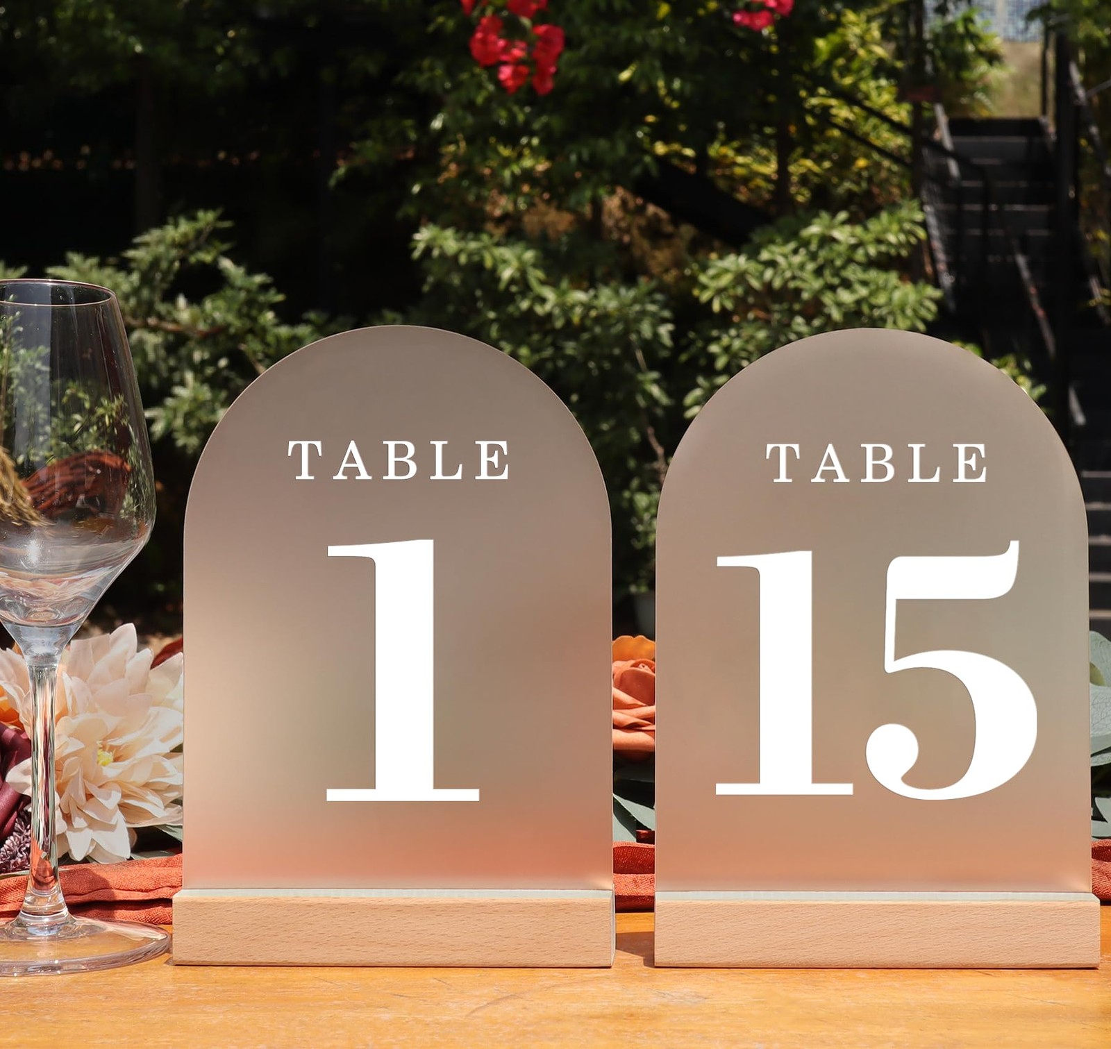 Wedding Table Numbers 1-15 Acrylic Arch Signs with Natural Wood Stands Holder…