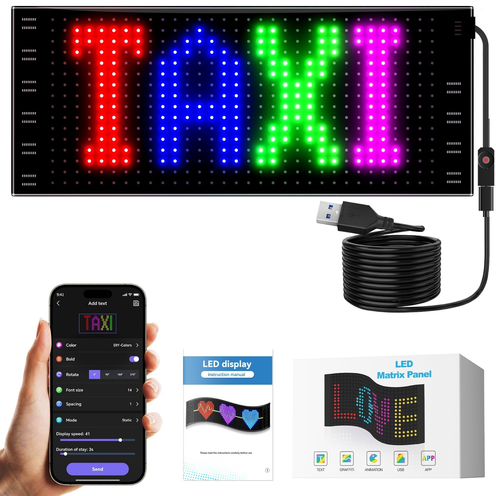 Programmable LED Car Sign – Front Windshield Light | Bluetooth Custom Text & Ani