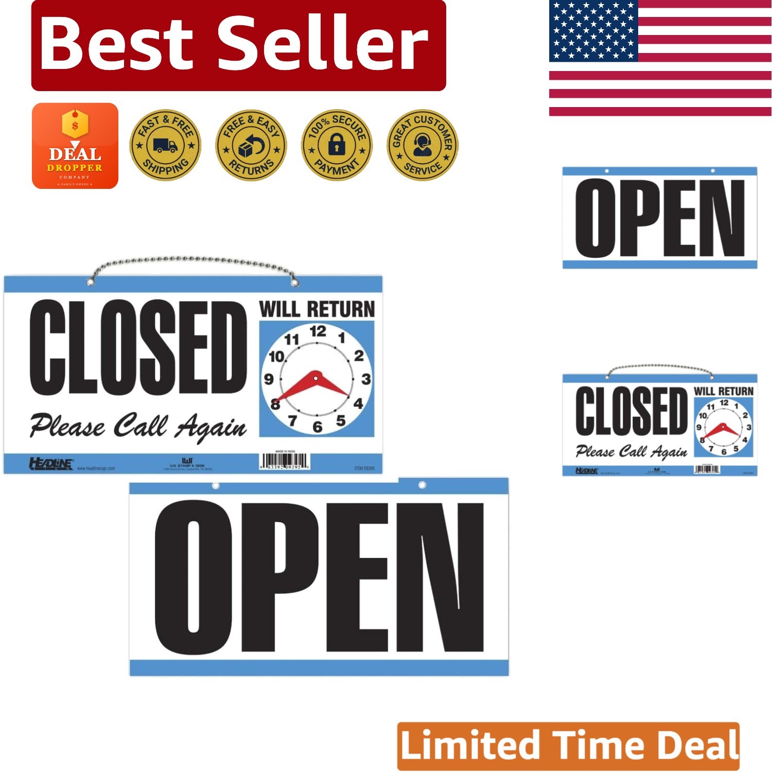 Durable Double-Sided Open/Closed Sign – Indicate Hours with Clock Hands, Blue