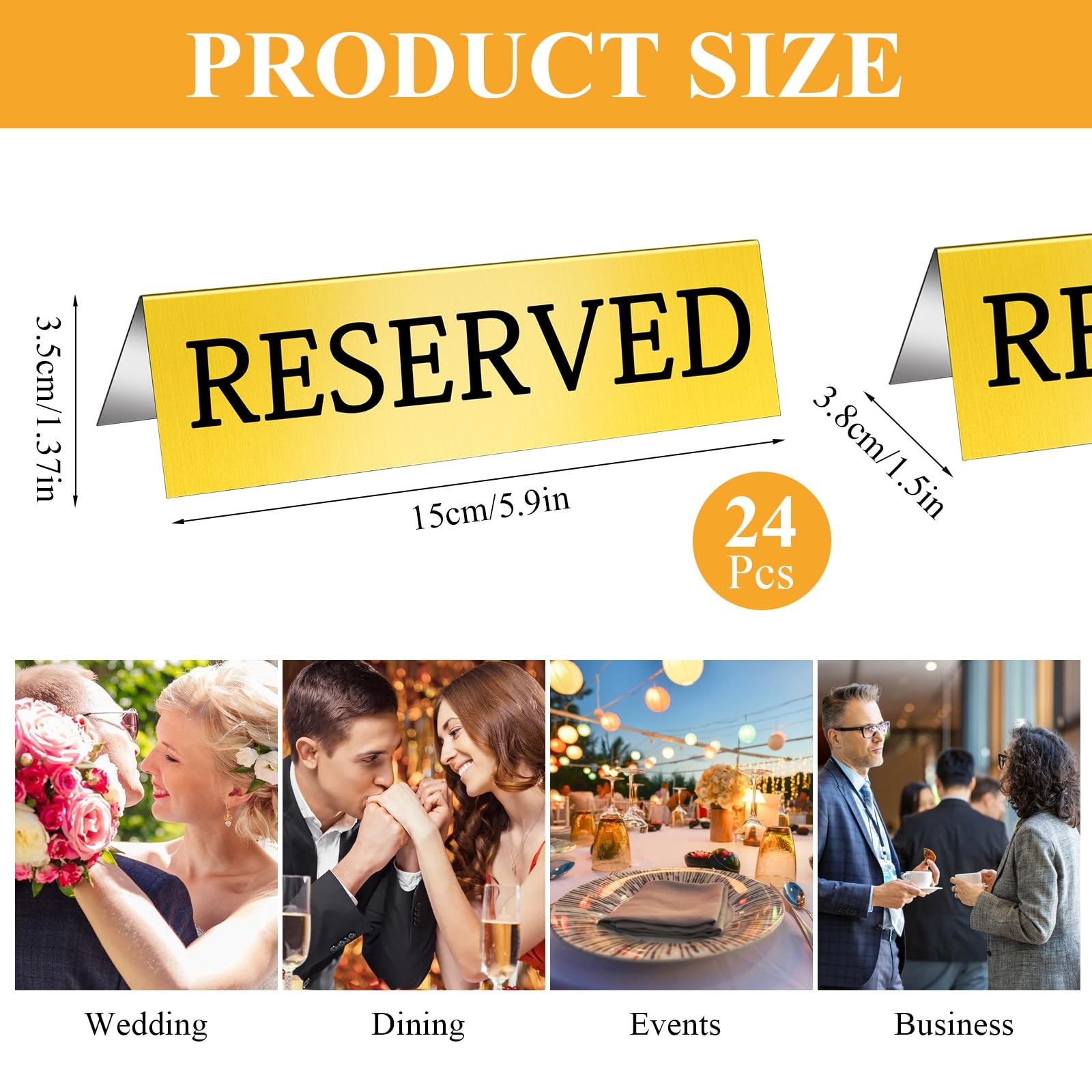 24 PCS Golden Metal Reserved Table Signs Double Sided Tent 5.91×3.15 Inch