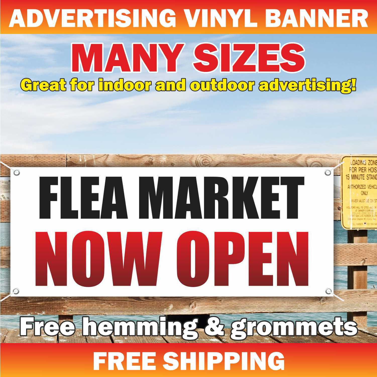 FLEA MARKET NOW OPEN Advertising Banner Vinyl Mesh Sign Antiques Collectibles