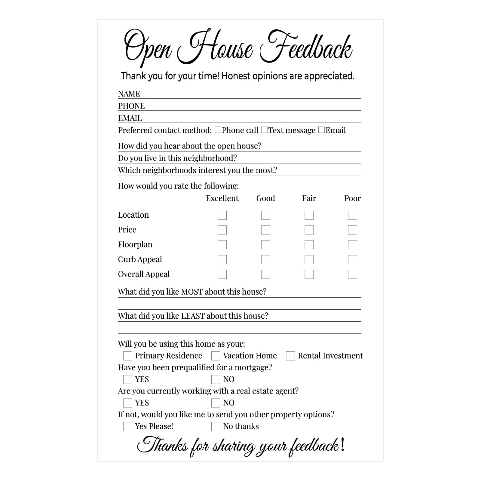 150 Piece Real Estate Open House Signs Questionnaire Feedback Notepad Kit