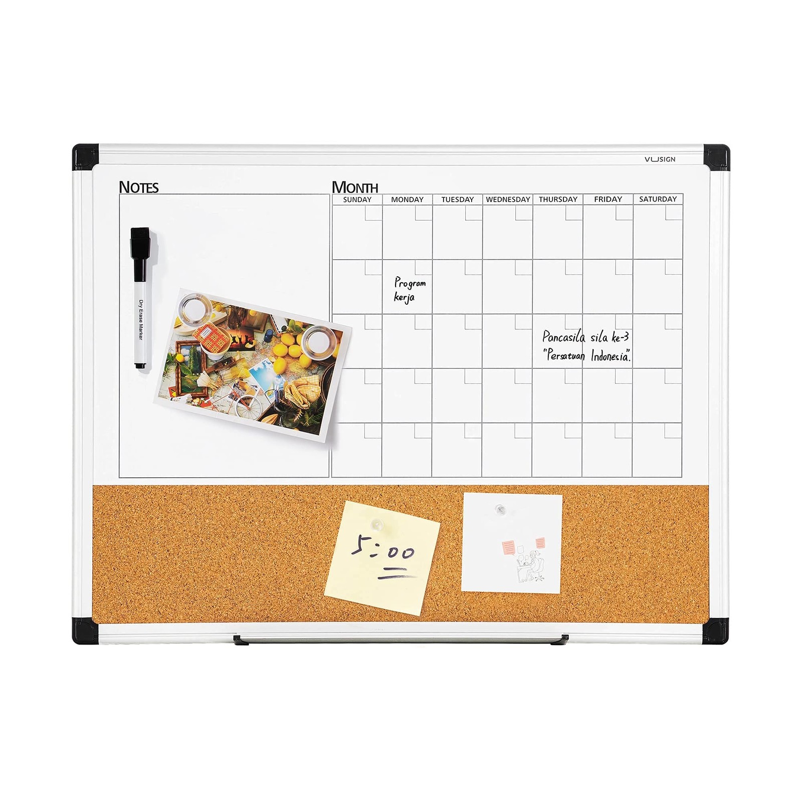 VUSIGN Monthly Calendar Whiteboard Dry Erase Cork Board Combo, 18&Prime; x 24&Prime; Plan…