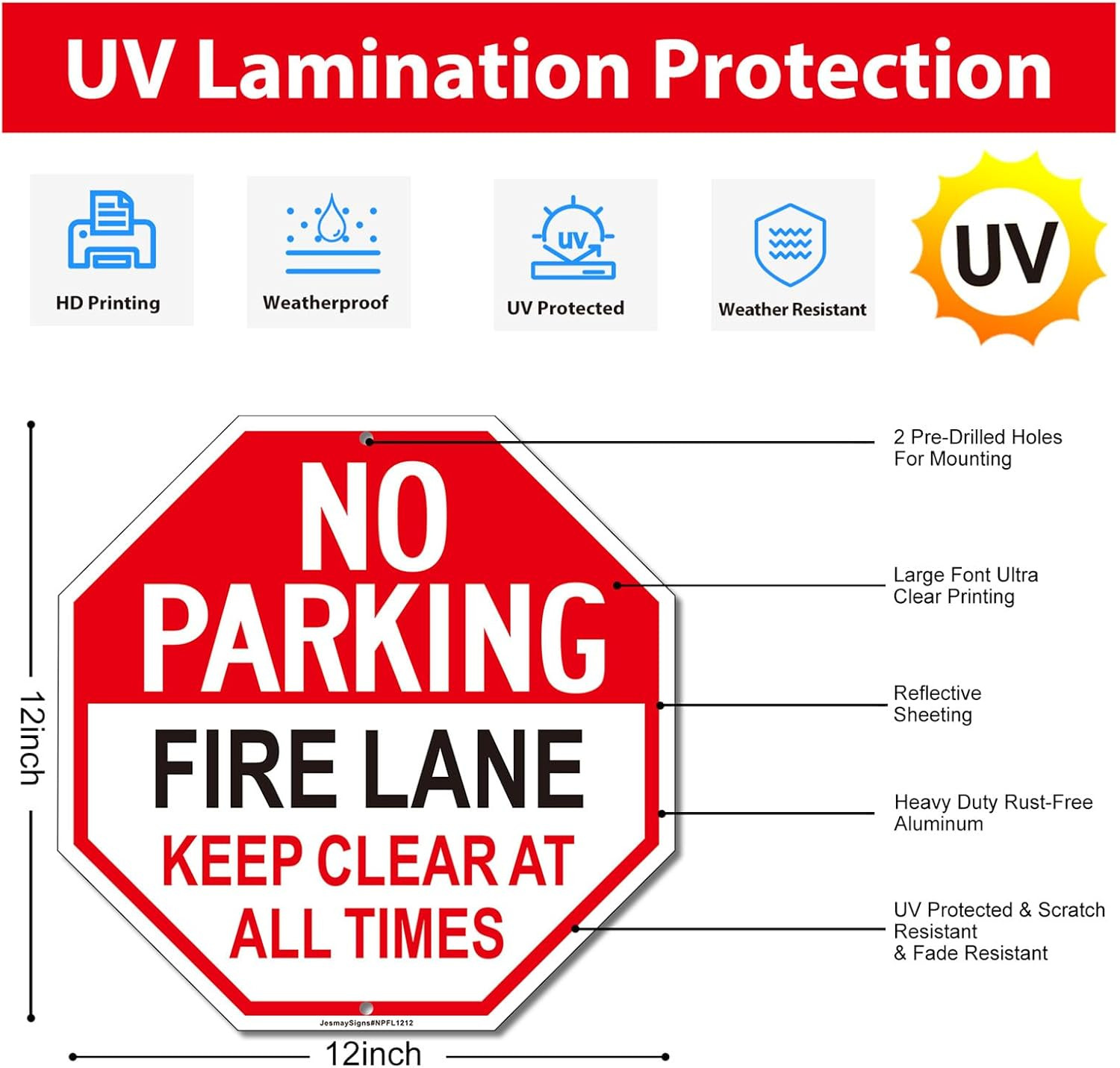 Reflective Fire Lane No Parking Sign – 12&Prime; x 12&Prime; Aluminum, 2 Pack