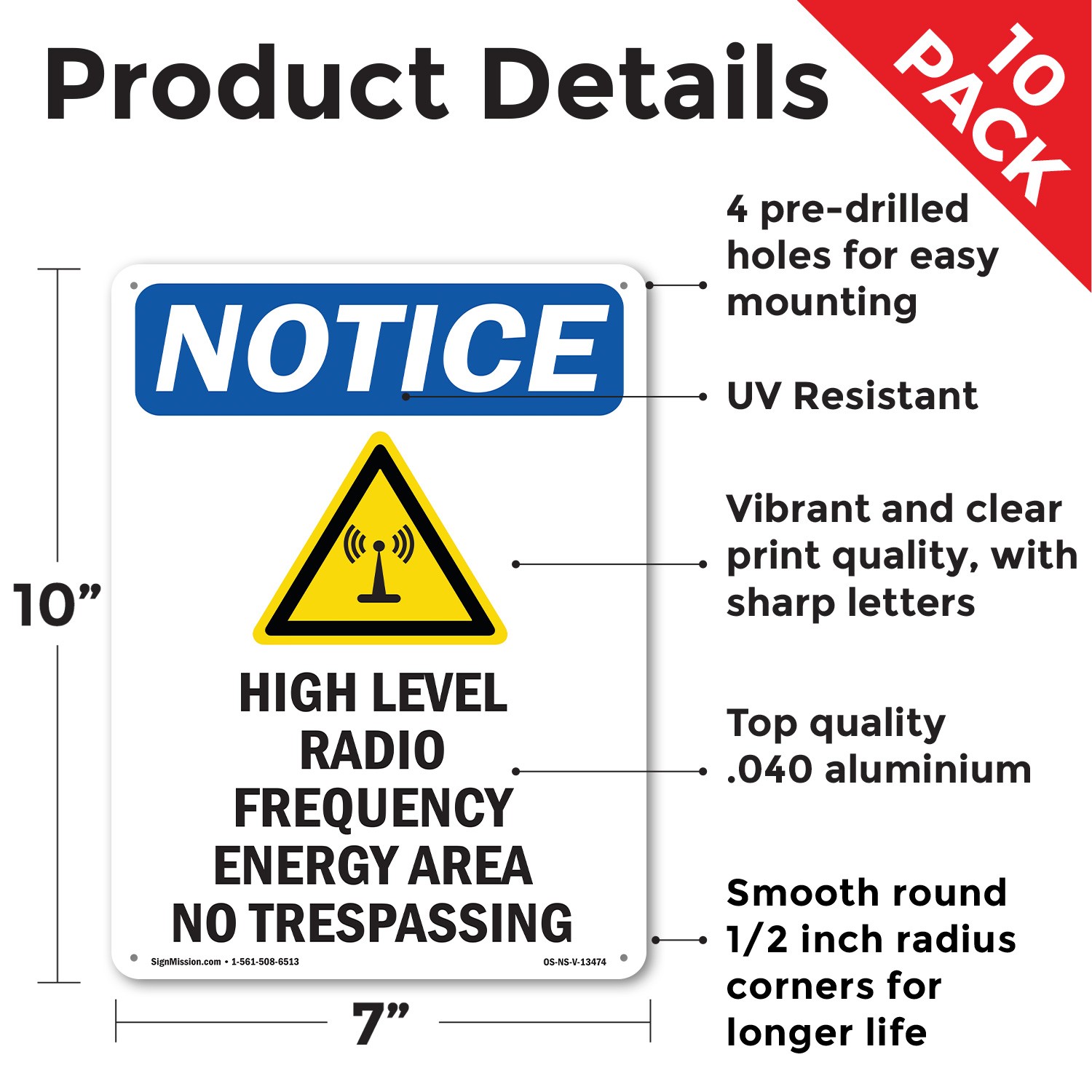 High Level Radio Frequency OSHA Notice Sign Metal, Plastic, Decal 5 or 10 Pack