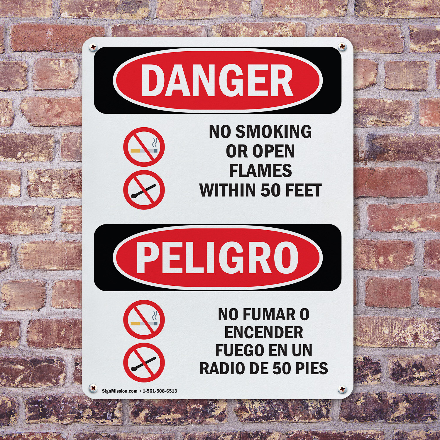 (2 Pack) No Smoking Or Open Flames 50 Feet Bilingual OSHA Danger Sign Decal