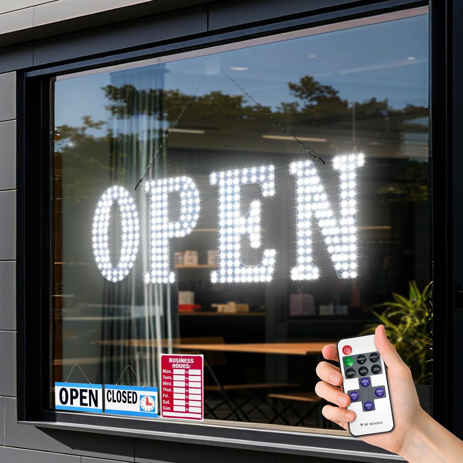 Large LED Open Sign for Business – 30&Prime;x10&Prime; Bright Flashing Remote Control, 14 Mo
