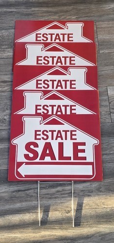 Five Large (16&Prime; x 12&Prime;) Estate Sale – Red & White – Yard Signs with Stands –