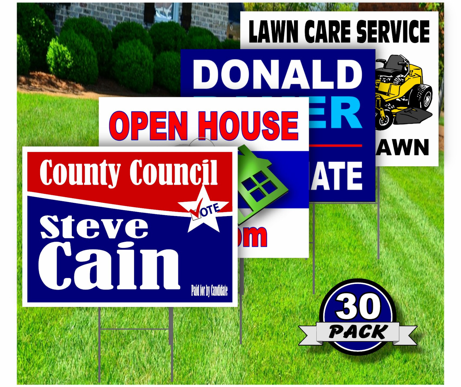 30 Pack – Custom Yard Signs-18×24-Full Color Design-Double Sided-Stakes Optional