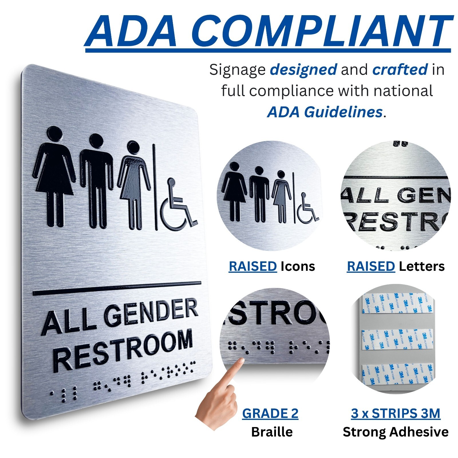 ADA Compliant, Restroom Signs, Brushed Aluminum with Braille text 6&Prime;x9&Prime;