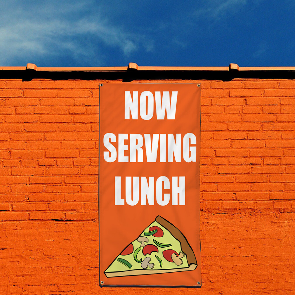 Vertical Vinyl Banner Multiple Sizes Now Serving Lunch Orange Business Outdoor