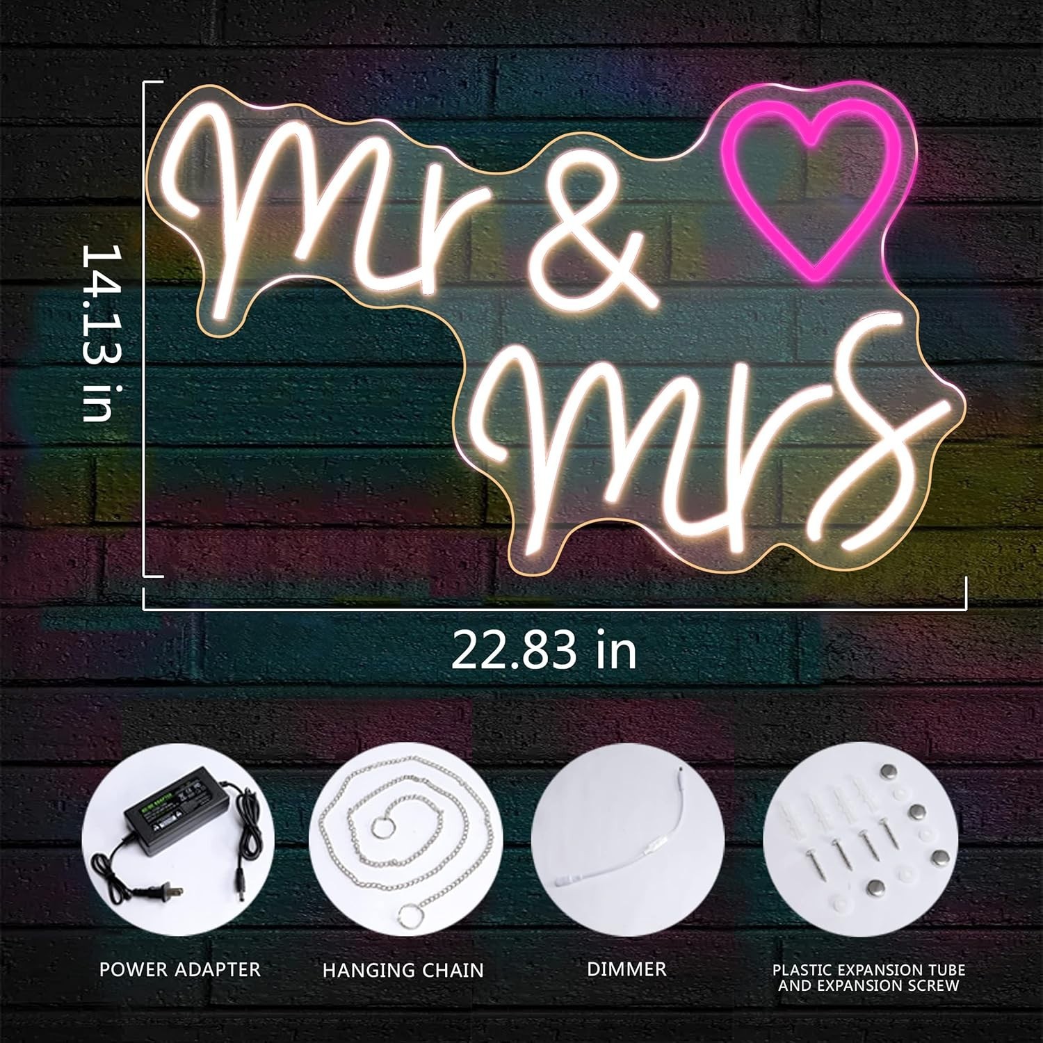 Led Neon Sign « Mr & Mrs » Heart 23&Prime; x14&Prime; Large 110V Wall Decor Wedding Party