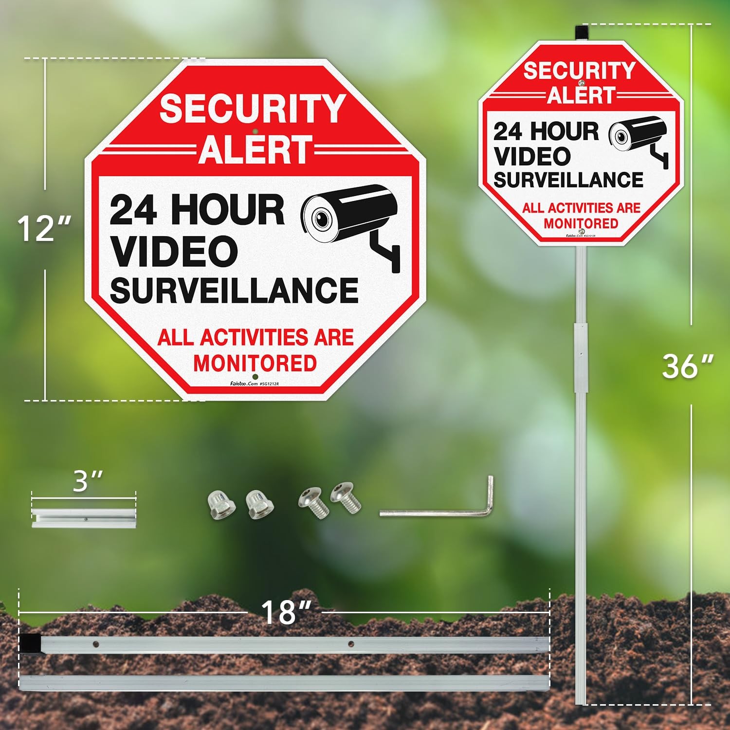 2Pack Video Surveillance Security Sign 12×12 Inch Aluminum 36 Inch Stake