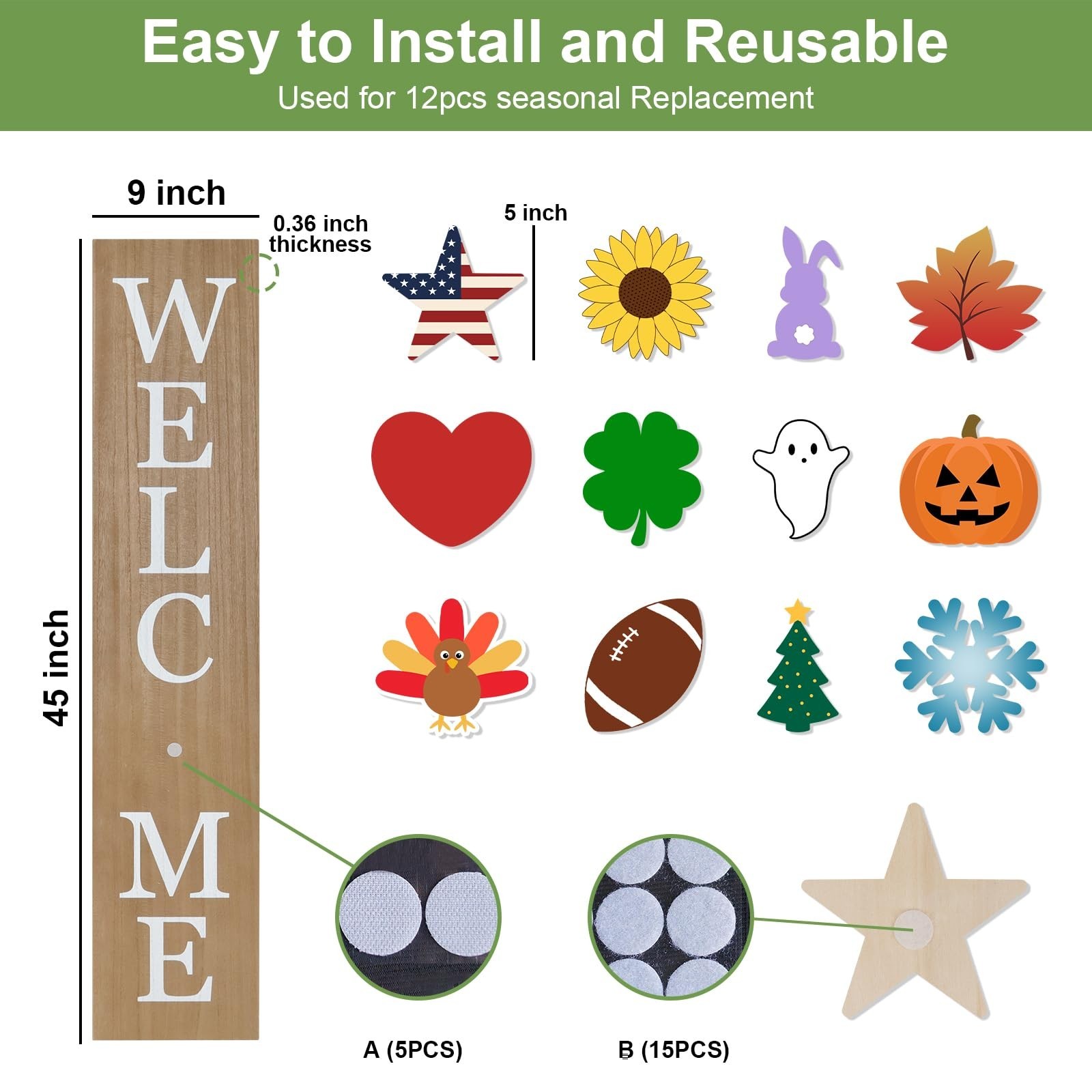 Interchangeable Wooden Porch Welcome Sign with 12 Interchangeable Icons 45&Prime;X9…