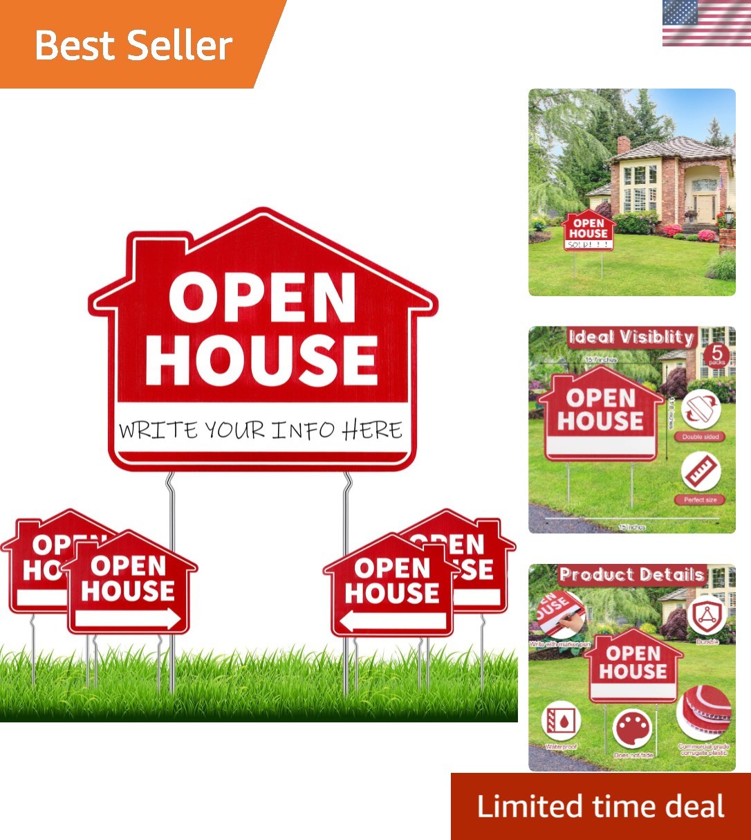 Large 5-Pack Double Sided Red Open House Signs with Metal Stakes – 16&Prime;x12&Prime;