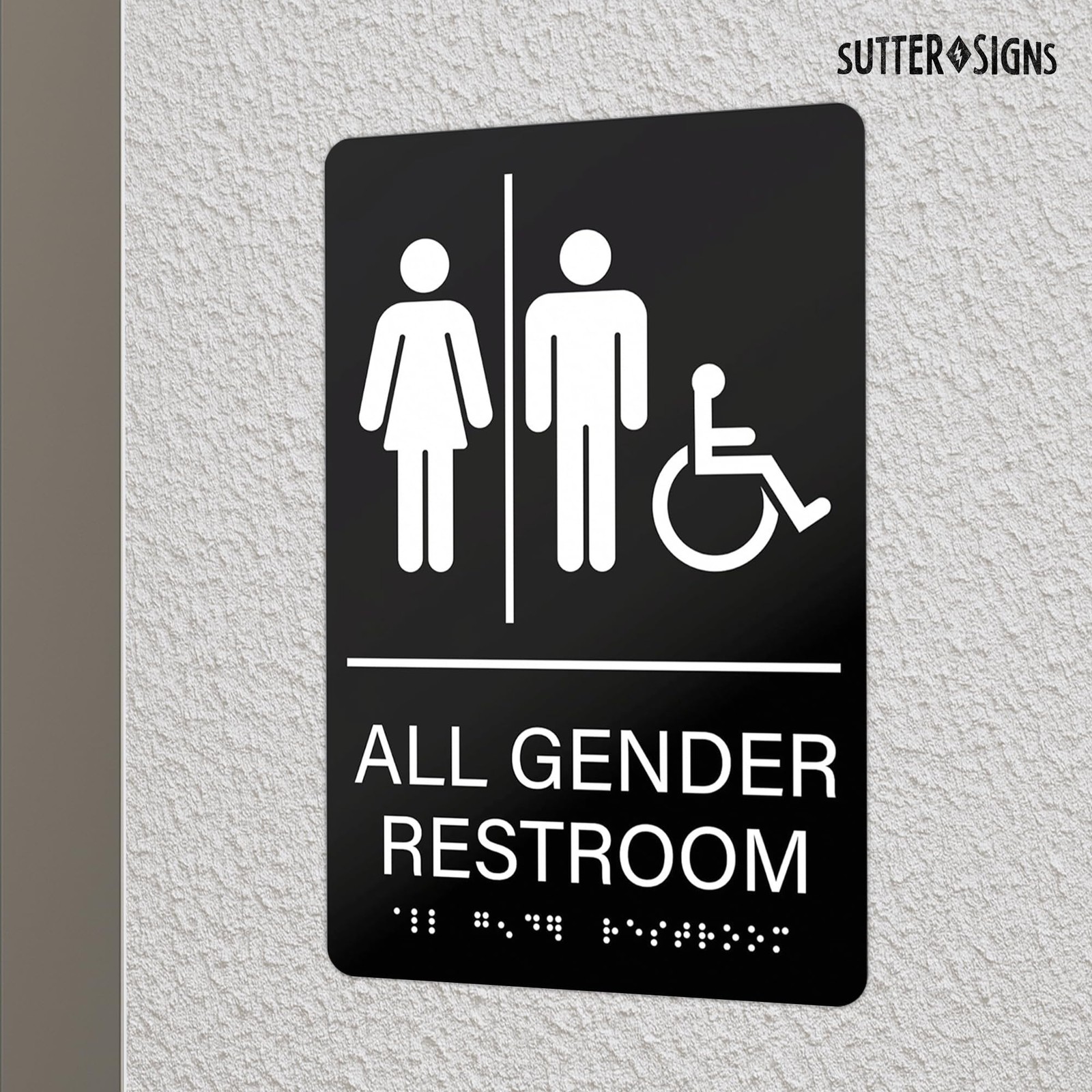 All Gender Restroom Sign 6×9 Inch Braille Gender Neutral Accessible Black/White
