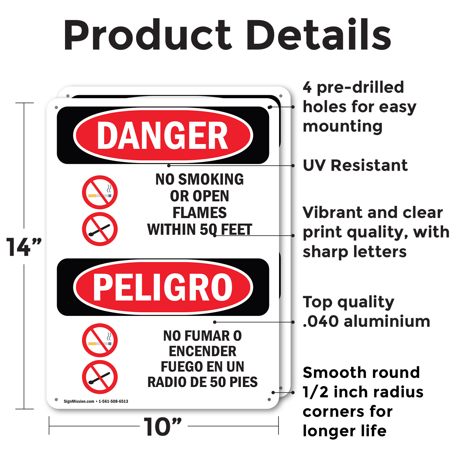 (2 Pack) No Smoking Or Open Flames 50 Feet Bilingual OSHA Danger Sign Decal