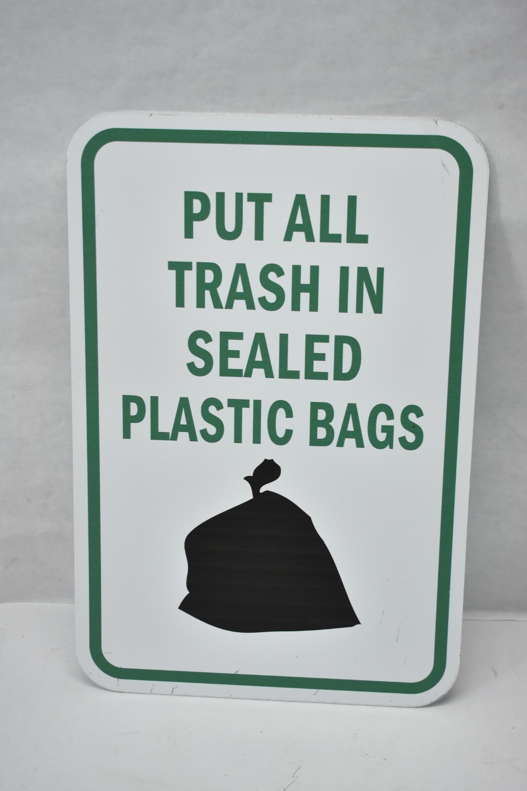 Lot of 2 Put All Trash In Sealed Plastic Bags Aluminum Signs 12&Prime;x18&Prime; Green/White