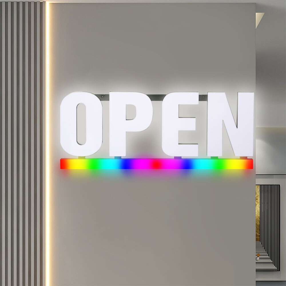 Bright White LED Open Sign with RGB Underline – Frosted Lens, Full-Color (30×12)
