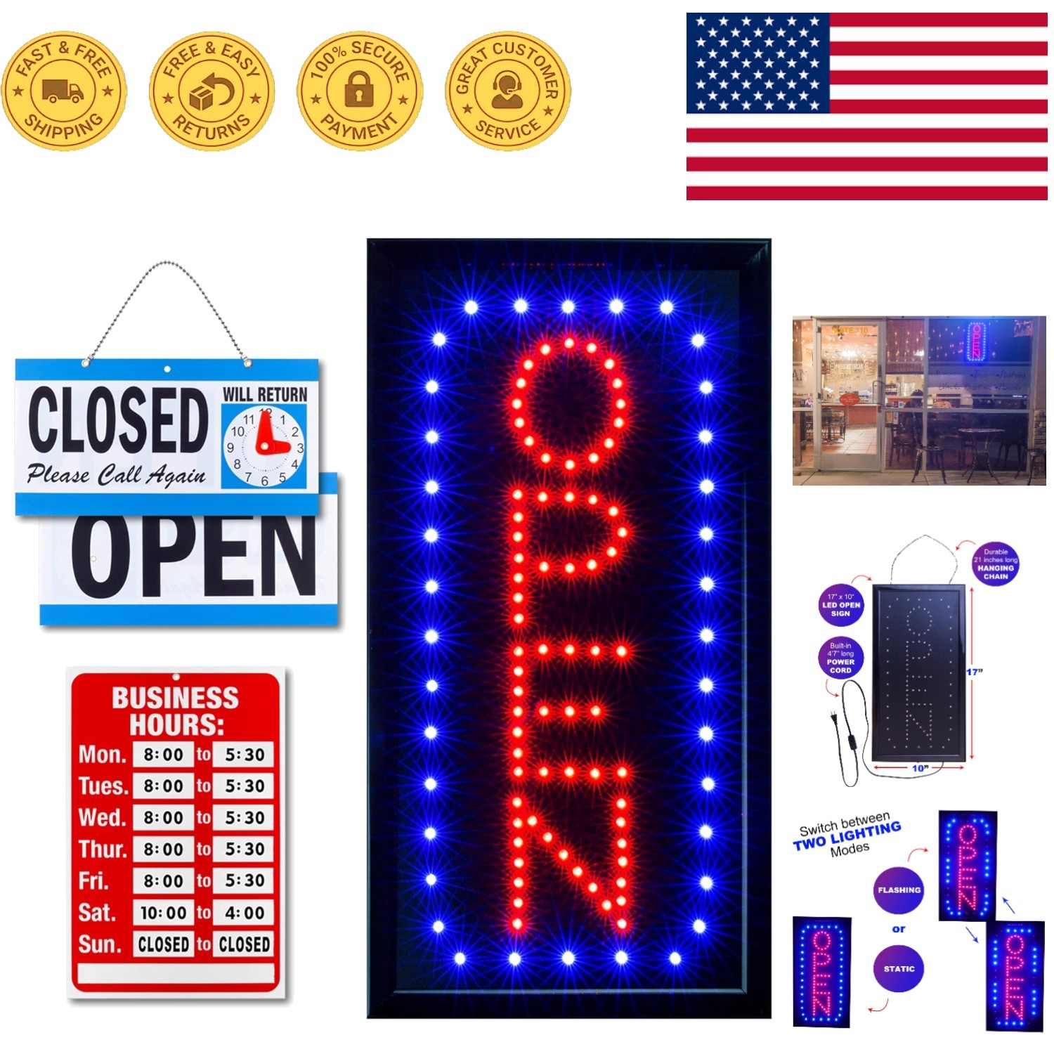 Modern Vertical Neon Open Sign with Business Hours & Closed Signs – 17×10