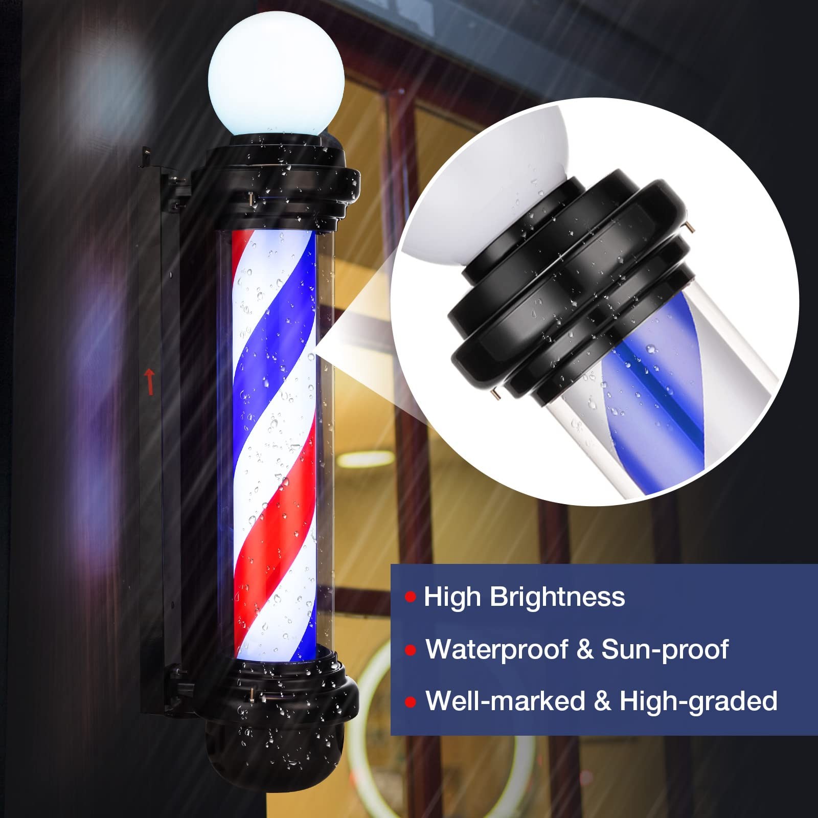 Noverlife 34In Barber Pole Led Sign Barber Shop Pole Red Blue White Stripes