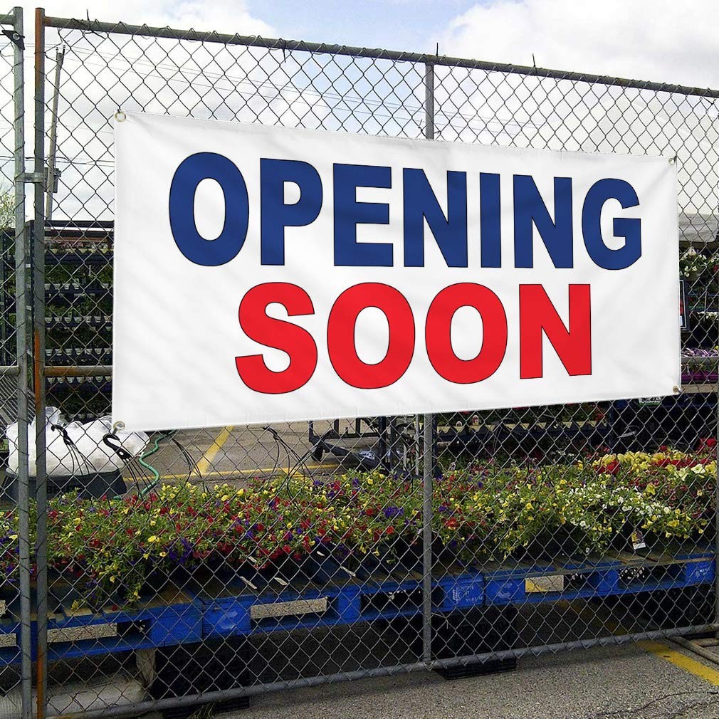 Vinyl Banner 24×36 Inches Opening Soon Blue Red Outdoor Weatherproof – Perfect