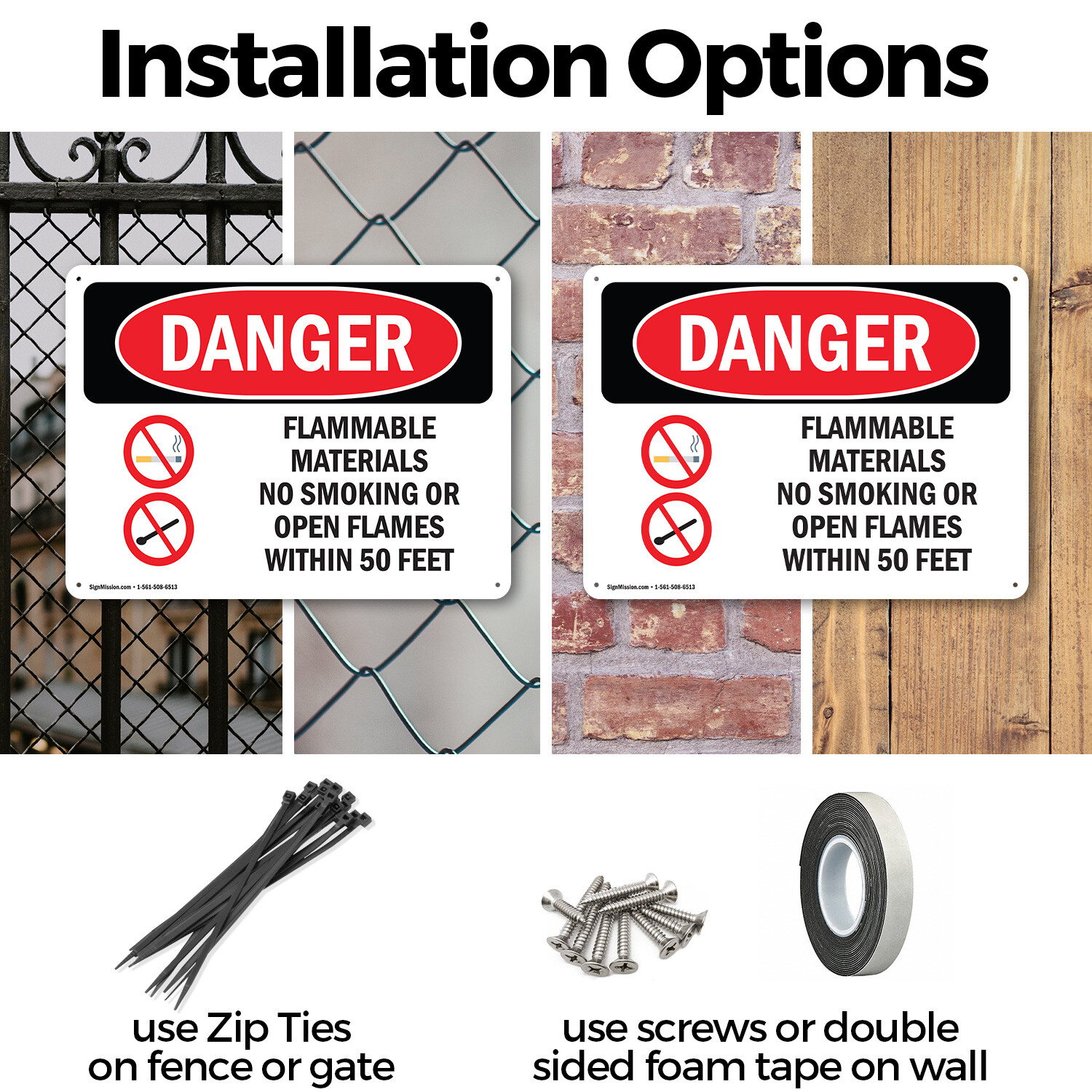 (2 Pack) Flammable Materials No Smoking 50 Feet OSHA Danger Sign Decal Metal