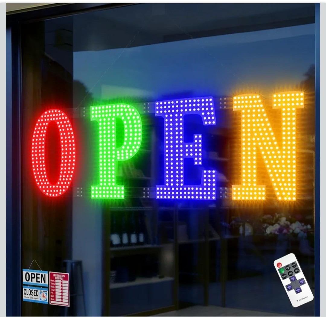 Multi-Color OPEN Sign, 40&Prime; x 14&Prime;, Adjustable Brightness & Flash Speed, Remote