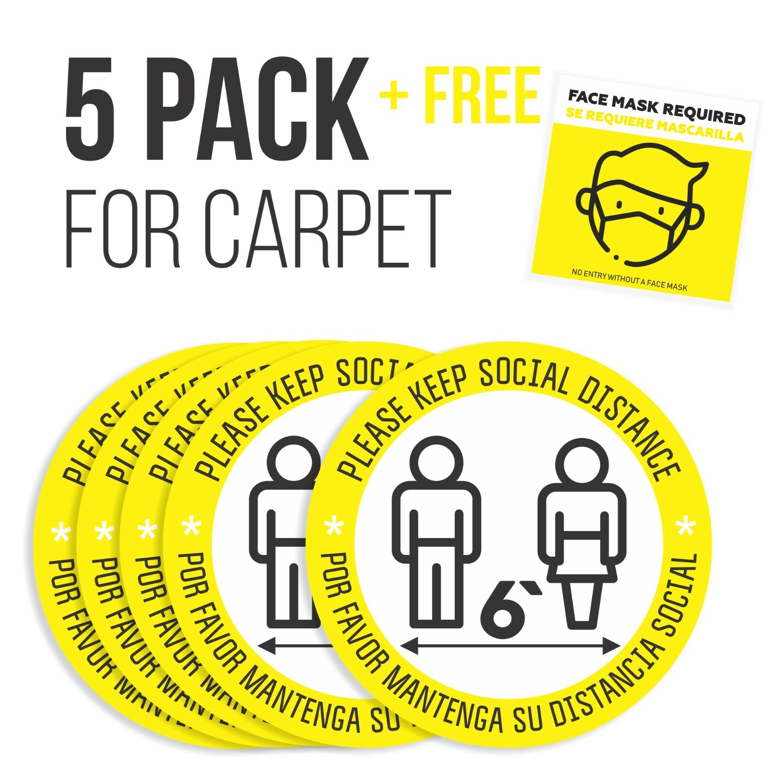 Social Distancing Floor Sign Carpet 5 Pack Plus Face Mask Window Sticker