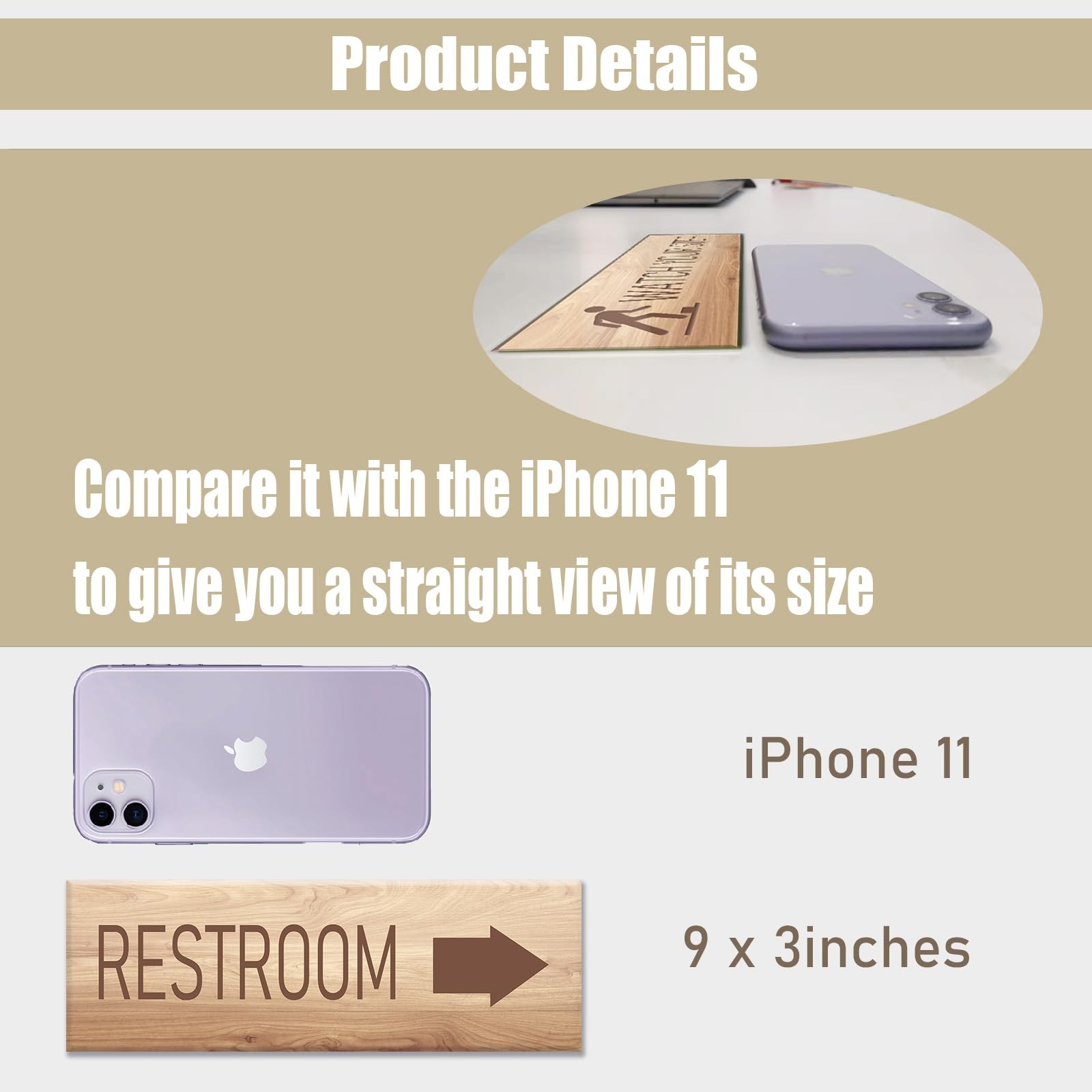 9×3 inch Wood Graining Acrylic Restroom Sign with Right Arrow Self-Stick