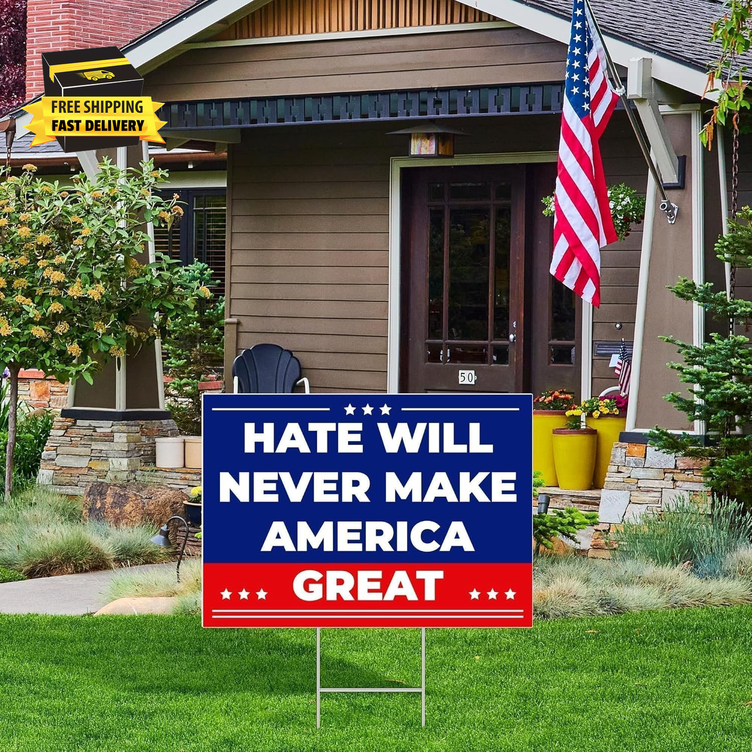 Anti Trump MAGA Yard Sign 17 X 12 Inch Hate Will Never Make America Great Sign w