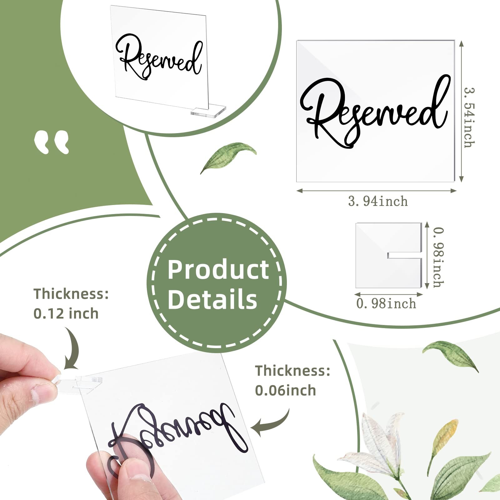 6 Pcs Black Reserved Table Signs 3.9×3.5 Inch Acrylic Seating Cursive Letters