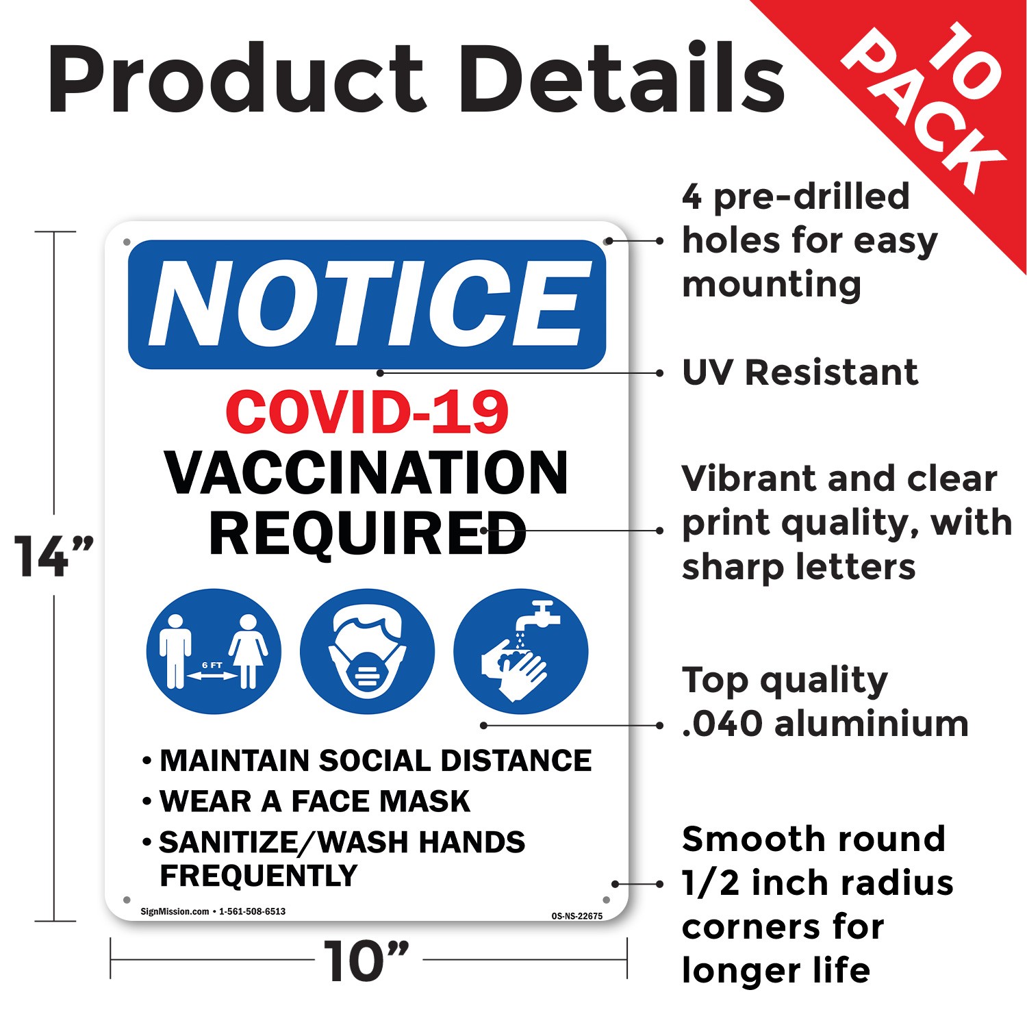 Covid-19 Vaccination Required Public Safety Sign Metal,, Decal 5 or 10 Pack