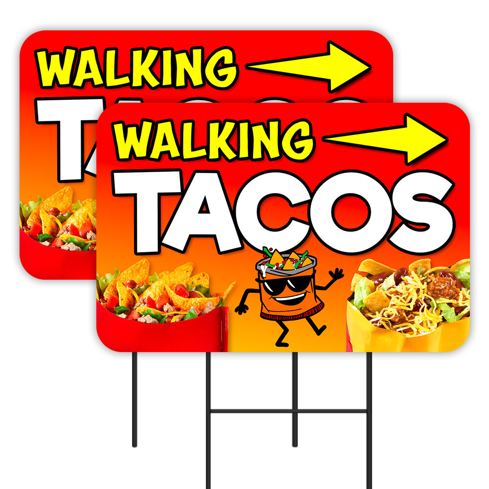 Walking Tacos 2 Pack Double-Sided Yard Signs 16&Prime; x 24&Prime; with Metal Stakes (Made i
